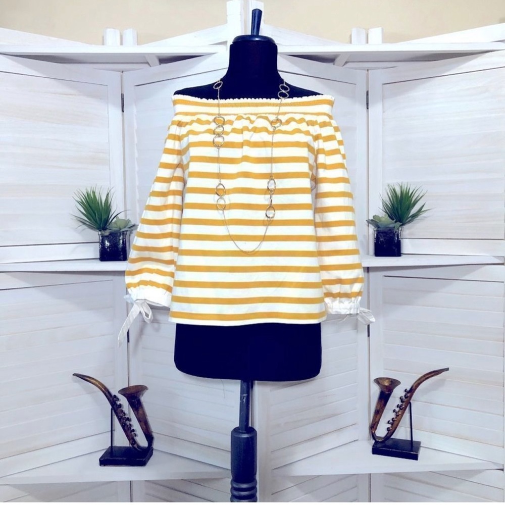 JCrew white yellow striped off shoulder cotton 3/4 sleeves blouse Sz M